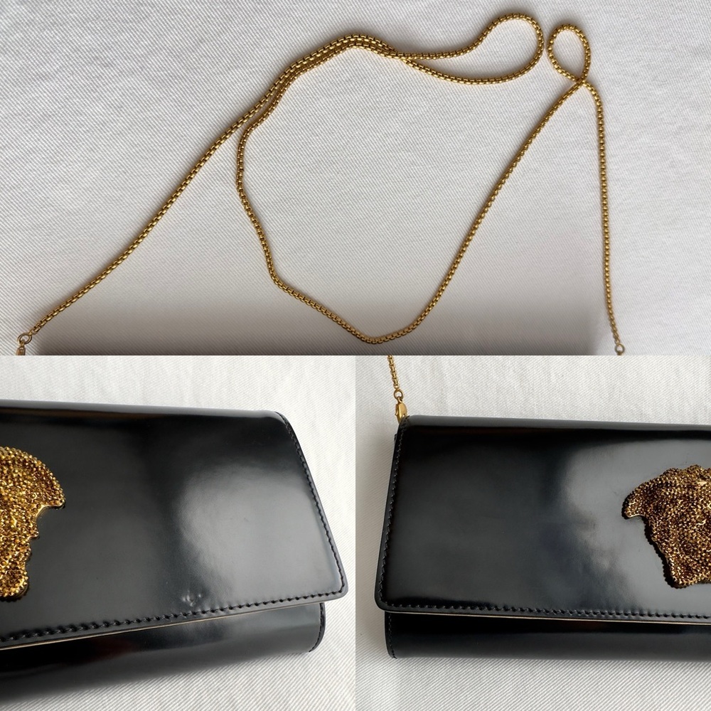 ✨VERSACE Crystal Medusa Icon Leather Clutch Bag With Strap Black Gold - Picture 15 of 17